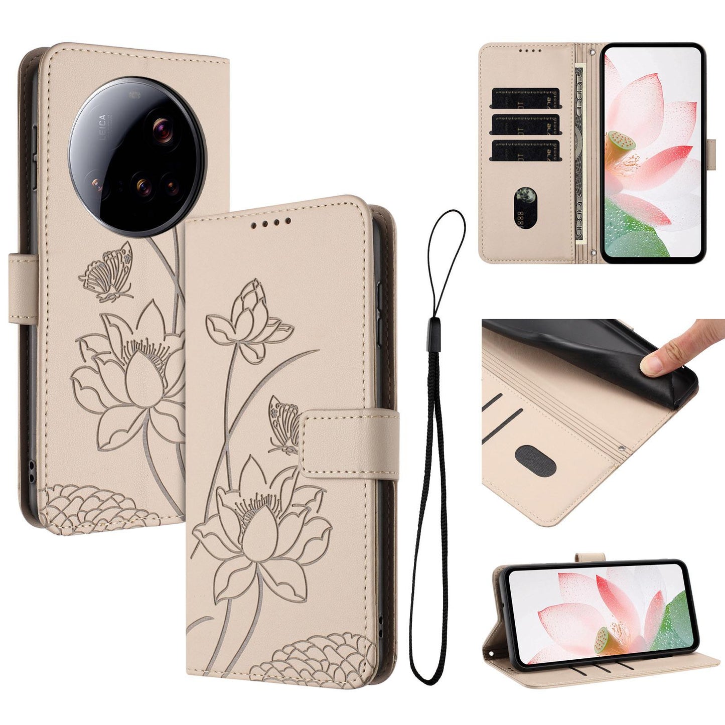 Xiaomi 15 Ultra Lotus Embossed PU Leather Wallet Phone Case with Card Holder, Cash Pocket, Magnetic Flip Stand Cover, Wrist Lanyard Strap, Shockproof TPU Protective Folio Case - Purple