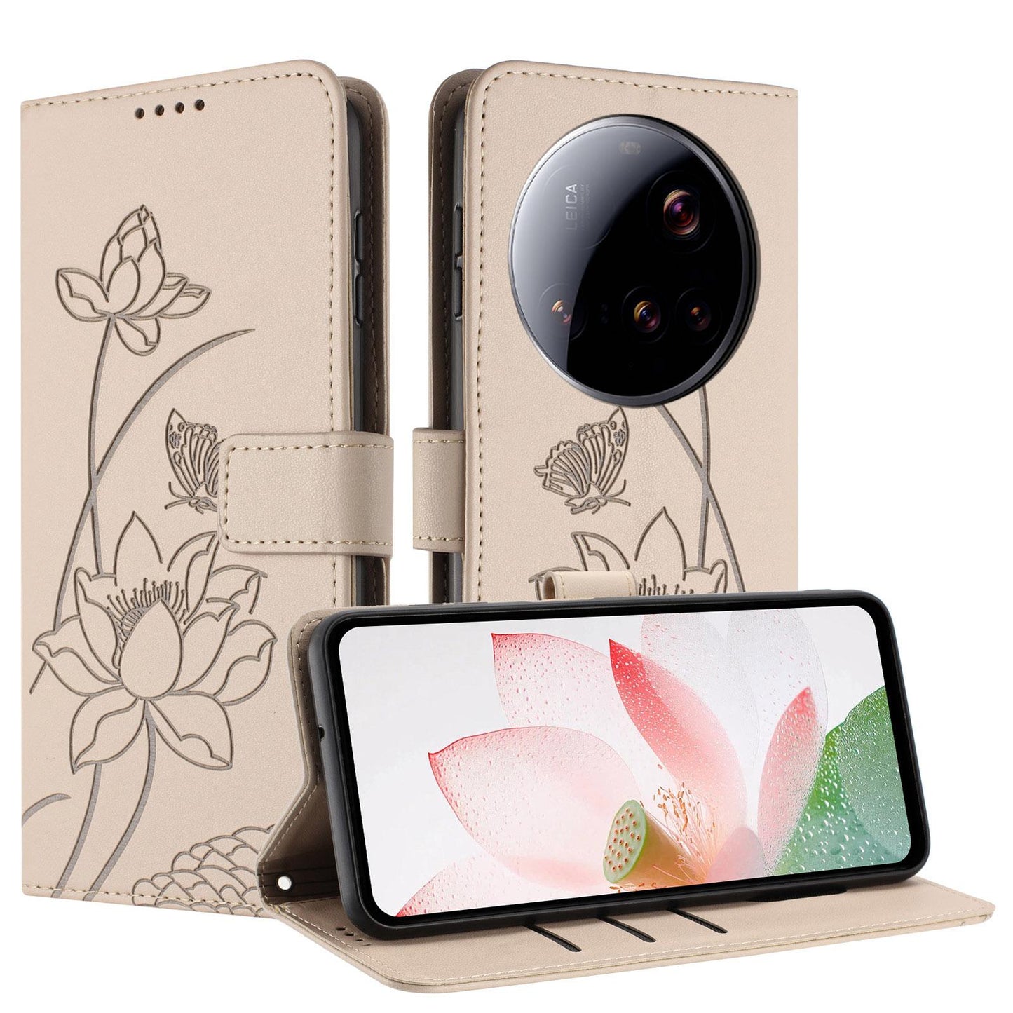 Xiaomi 15 Ultra Lotus Embossed PU Leather Wallet Phone Case with Card Holder, Cash Pocket, Magnetic Flip Stand Cover, Wrist Lanyard Strap, Shockproof TPU Protective Folio Case - Purple