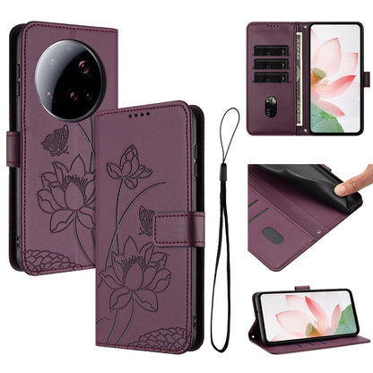 Xiaomi 15 Ultra Lotus Embossed PU Leather Wallet Phone Case with Card Holder, Cash Pocket, Magnetic Flip Stand Cover, Wrist Lanyard Strap, Shockproof TPU Protective Folio Case - Purple