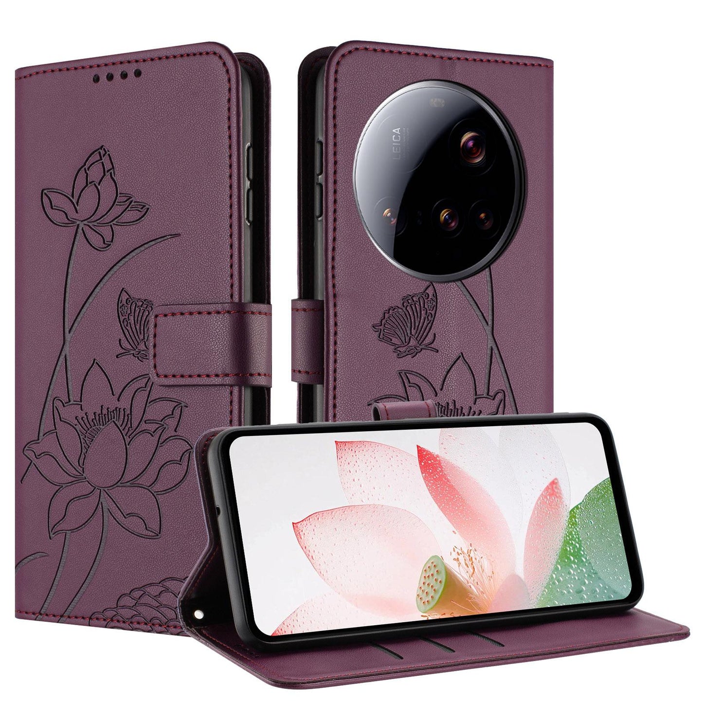 Xiaomi 15 Ultra Lotus Embossed PU Leather Wallet Phone Case with Card Holder, Cash Pocket, Magnetic Flip Stand Cover, Wrist Lanyard Strap, Shockproof TPU Protective Folio Case - Purple