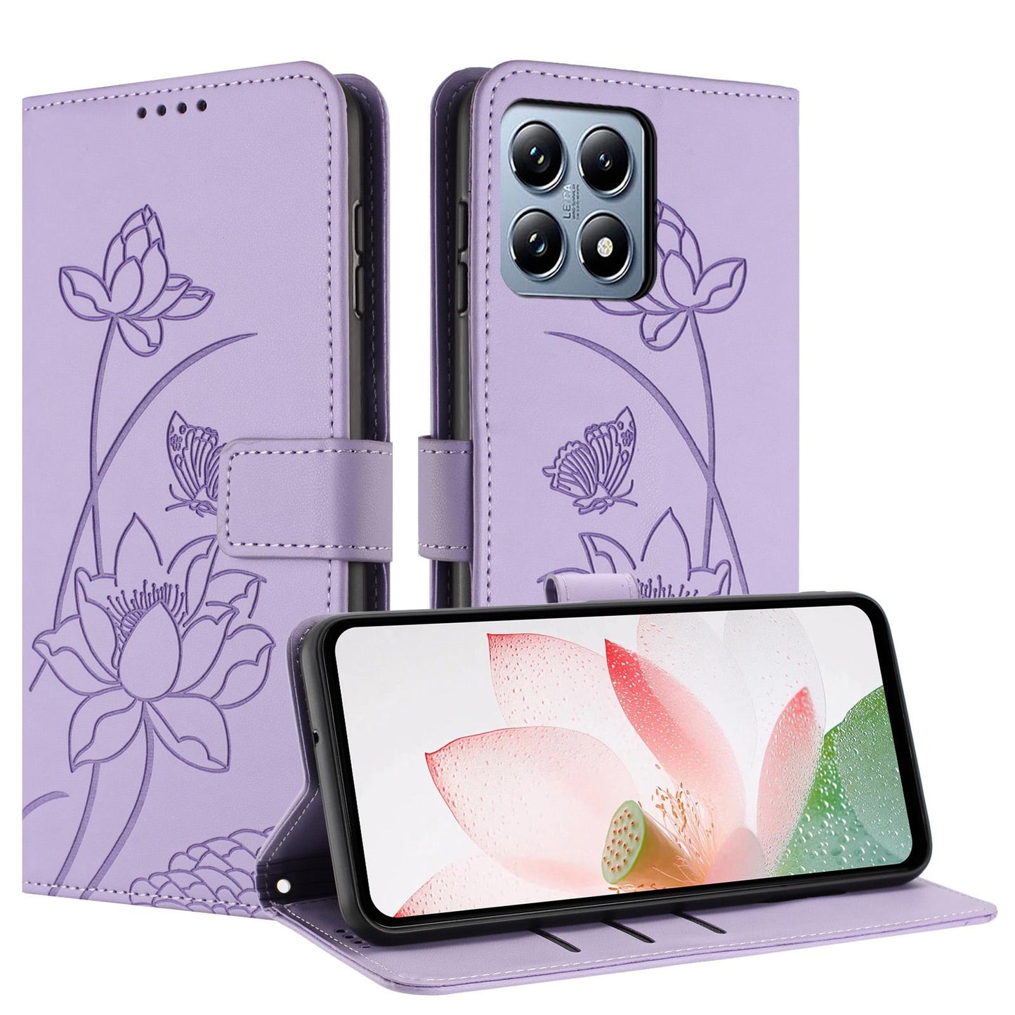 Xiaomi 15T Lotus Embossed PU Leather Wallet Phone Case with Card Holder, Cash Pocket, Magnetic Flip Stand Cover, Wrist Lanyard Strap, Shockproof TPU Protective Folio Case - Purple