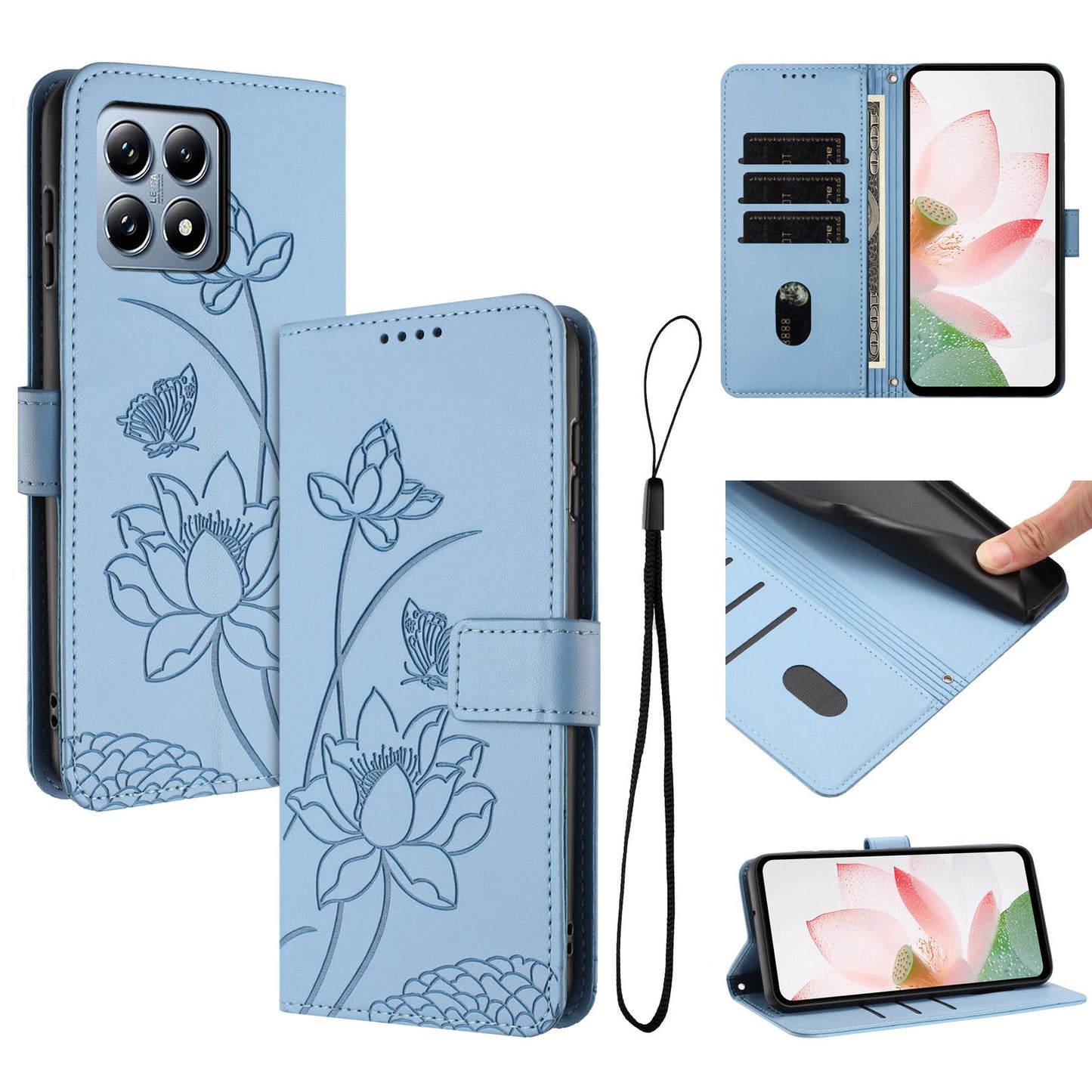 Xiaomi 15T Lotus Embossed PU Leather Wallet Phone Case with Card Holder, Cash Pocket, Magnetic Flip Stand Cover, Wrist Lanyard Strap, Shockproof TPU Protective Folio Case - Purple