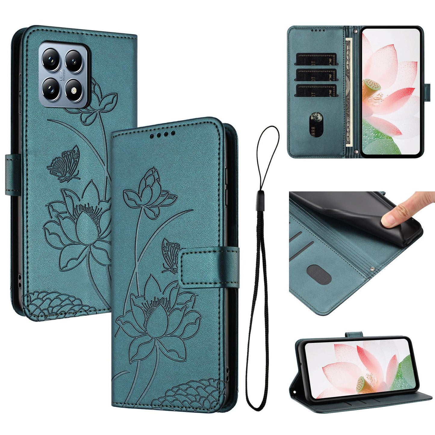 Xiaomi 15T Lotus Embossed PU Leather Wallet Phone Case with Card Holder, Cash Pocket, Magnetic Flip Stand Cover, Wrist Lanyard Strap, Shockproof TPU Protective Folio Case - Purple
