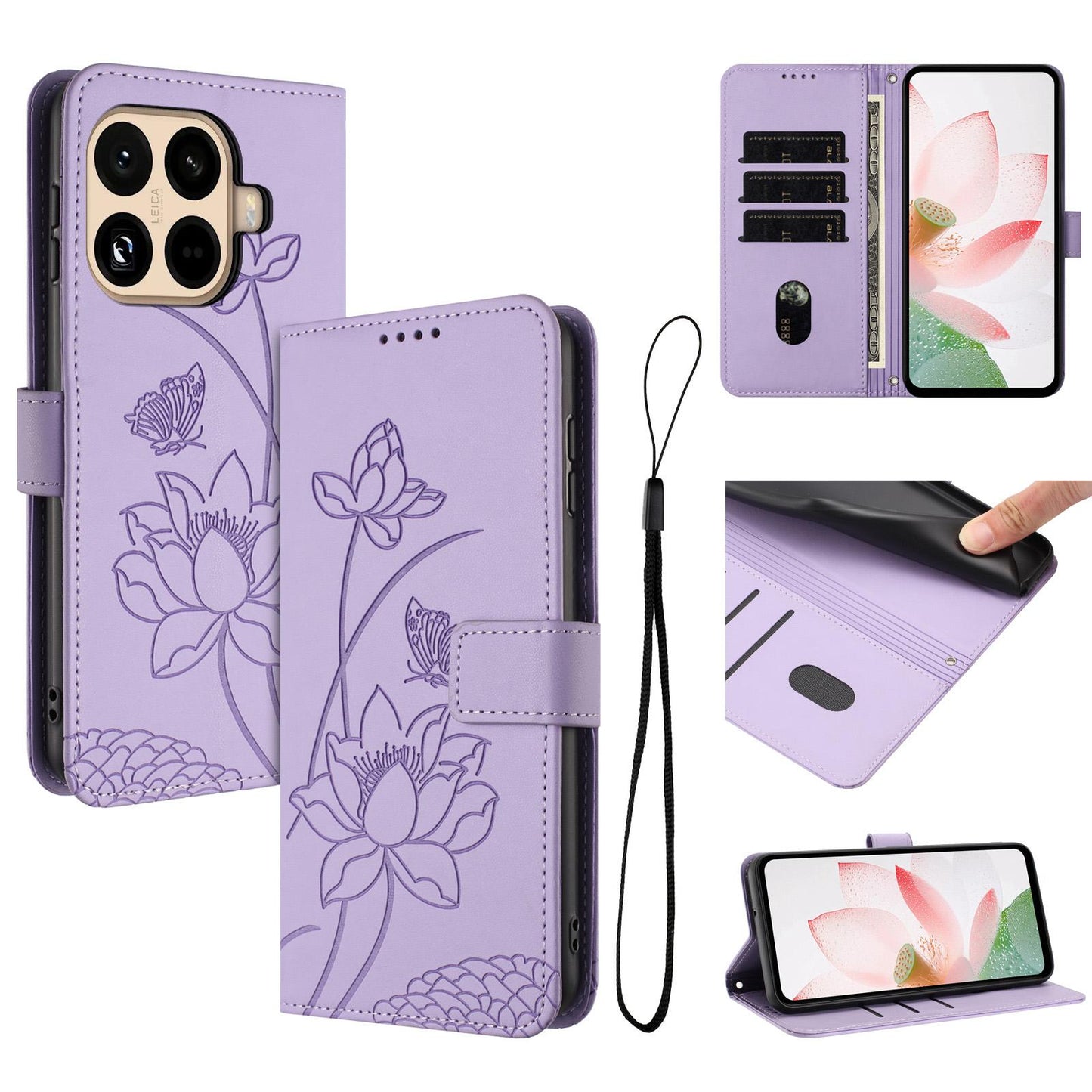 Xiaomi 15T Pro Lotus Embossed PU Leather Wallet Phone Case with Card Holder, Cash Pocket, Magnetic Flip Stand Cover, Wrist Lanyard Strap, Shockproof TPU Protective Folio Case - Purple