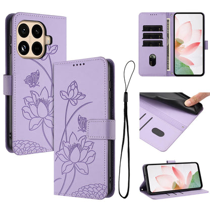 Xiaomi 15T Pro Lotus Embossed PU Leather Wallet Phone Case with Card Holder, Cash Pocket, Magnetic Flip Stand Cover, Wrist Lanyard Strap, Shockproof TPU Protective Folio Case - Purple