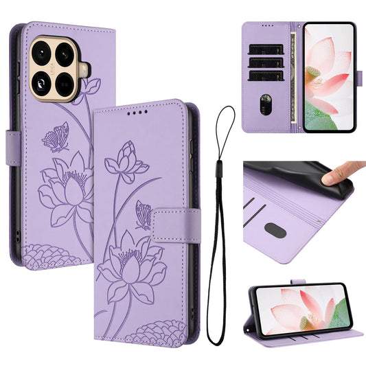Xiaomi 15T Pro Lotus Embossed PU Leather Wallet Phone Case with Card Holder, Cash Pocket, Magnetic Flip Stand Cover, Wrist Lanyard Strap, Shockproof TPU Protective Folio Case - Purple