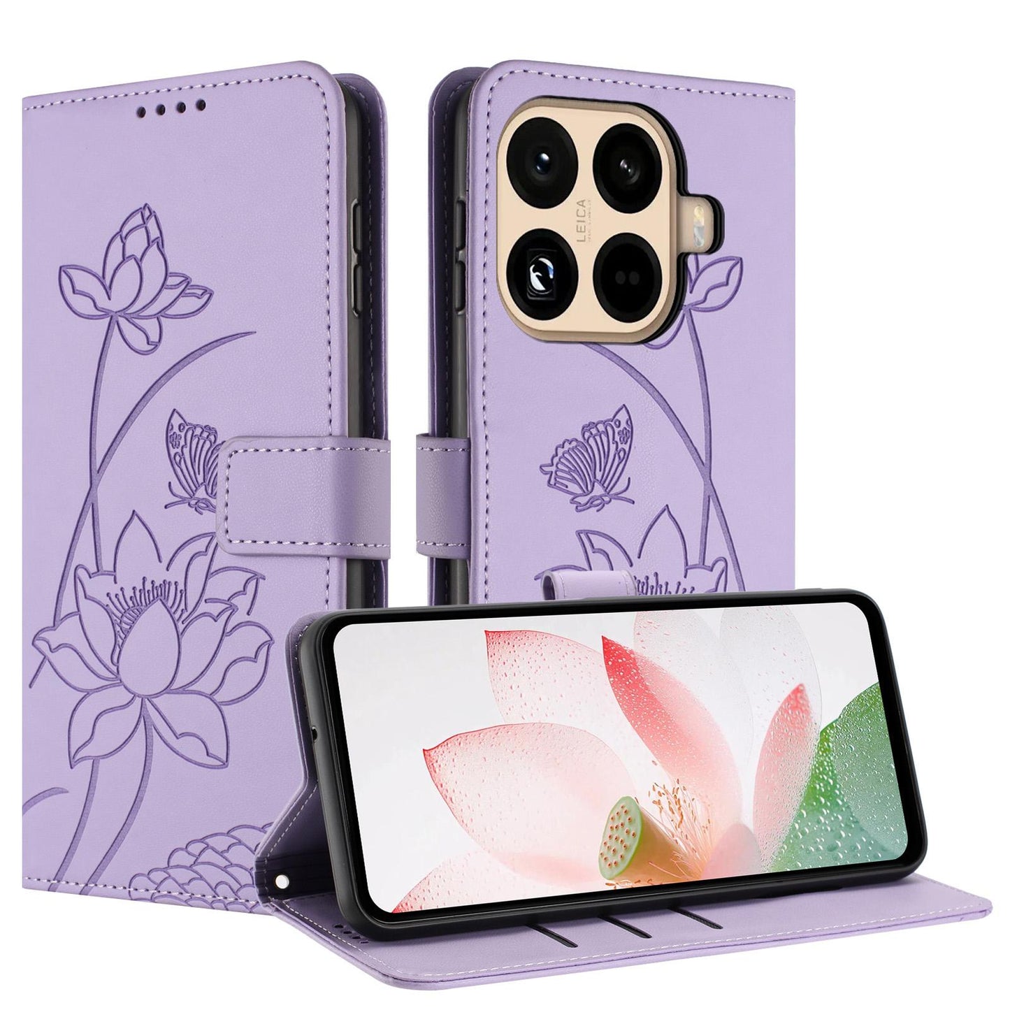 Xiaomi 15T Pro Lotus Embossed PU Leather Wallet Phone Case with Card Holder, Cash Pocket, Magnetic Flip Stand Cover, Wrist Lanyard Strap, Shockproof TPU Protective Folio Case - Purple