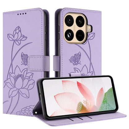 Xiaomi 15T Pro Lotus Embossed PU Leather Wallet Phone Case with Card Holder, Cash Pocket, Magnetic Flip Stand Cover, Wrist Lanyard Strap, Shockproof TPU Protective Folio Case - Purple