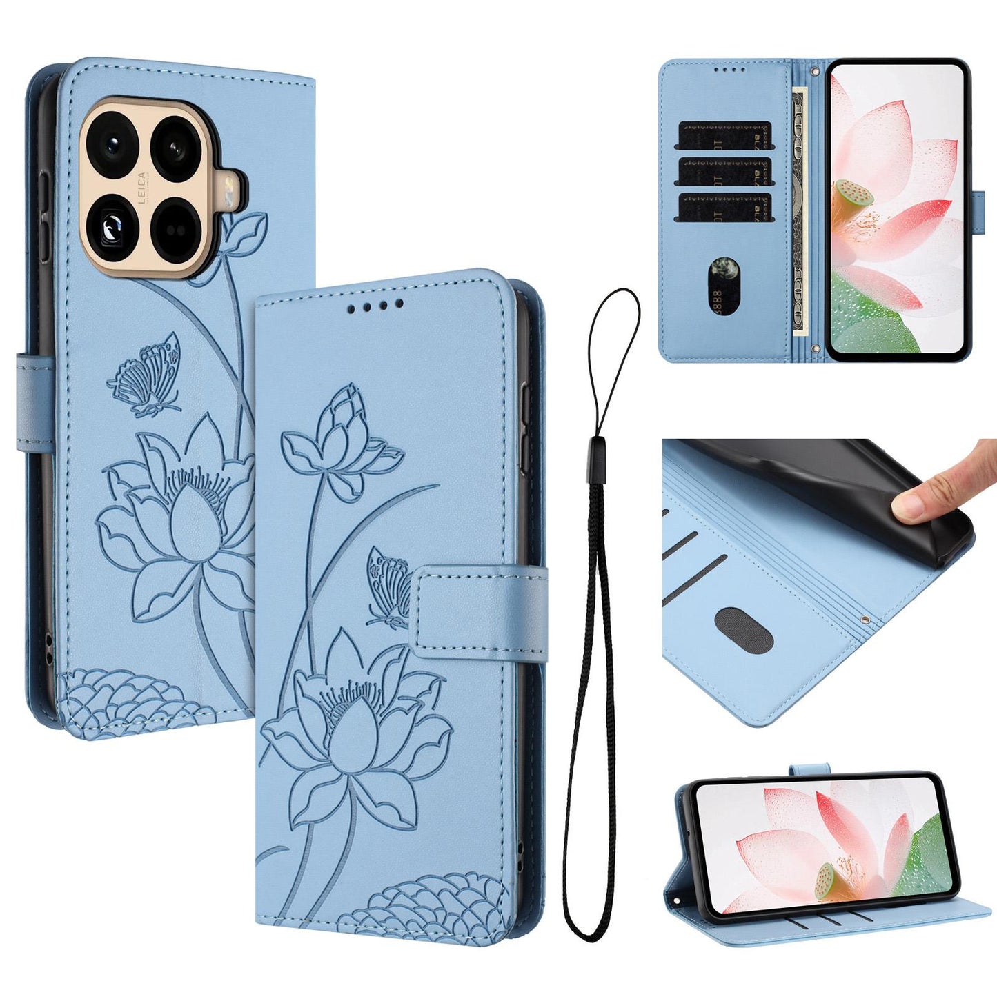 Xiaomi 15T Pro Lotus Embossed PU Leather Wallet Phone Case with Card Holder, Cash Pocket, Magnetic Flip Stand Cover, Wrist Lanyard Strap, Shockproof TPU Protective Folio Case - Purple