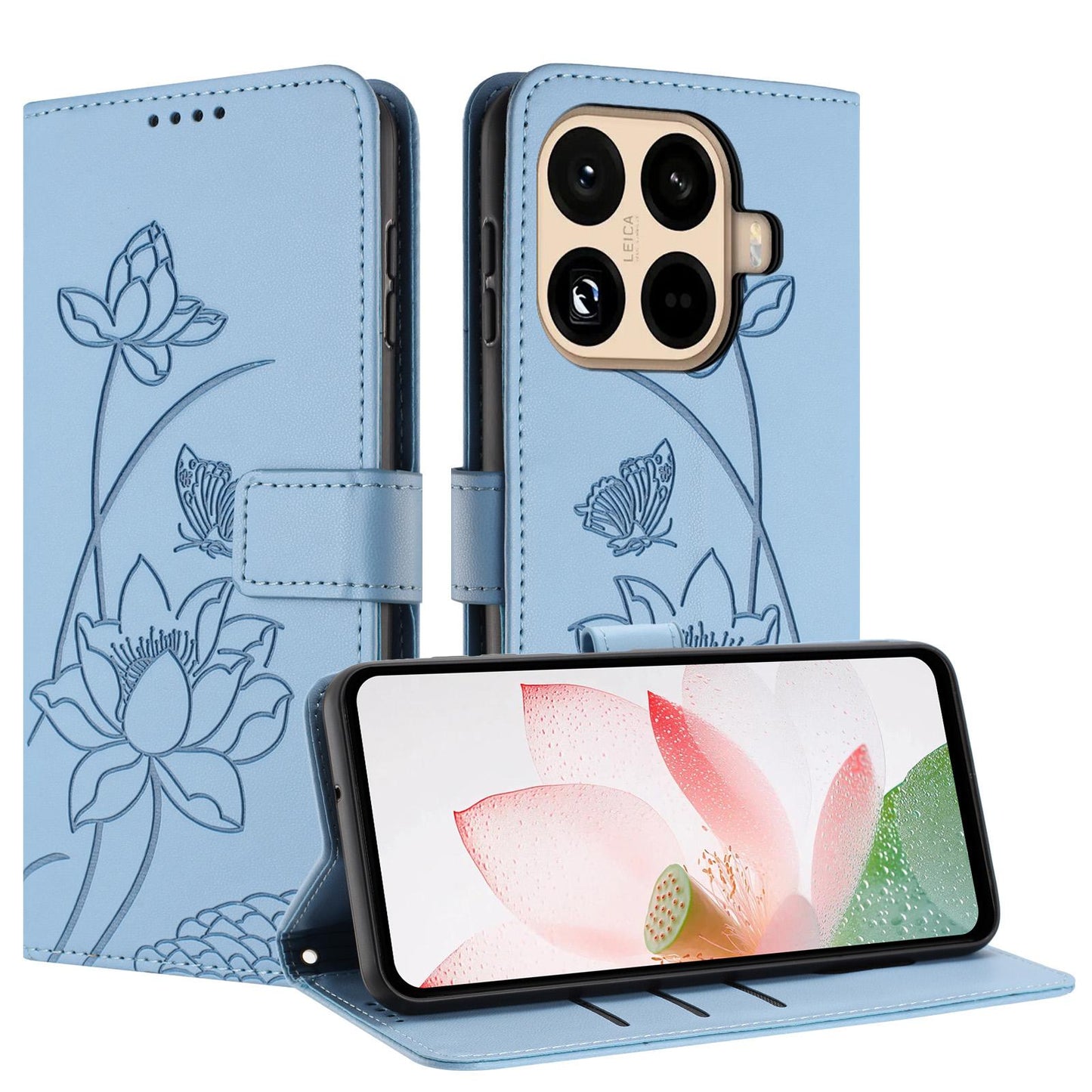 Xiaomi 15T Pro Lotus Embossed PU Leather Wallet Phone Case with Card Holder, Cash Pocket, Magnetic Flip Stand Cover, Wrist Lanyard Strap, Shockproof TPU Protective Folio Case - Purple