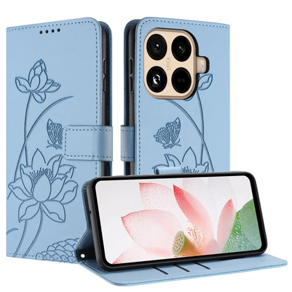 Xiaomi 15T Pro Lotus Embossed PU Leather Wallet Phone Case with Card Holder, Cash Pocket, Magnetic Flip Stand Cover, Wrist Lanyard Strap, Shockproof TPU Protective Folio Case - Purple