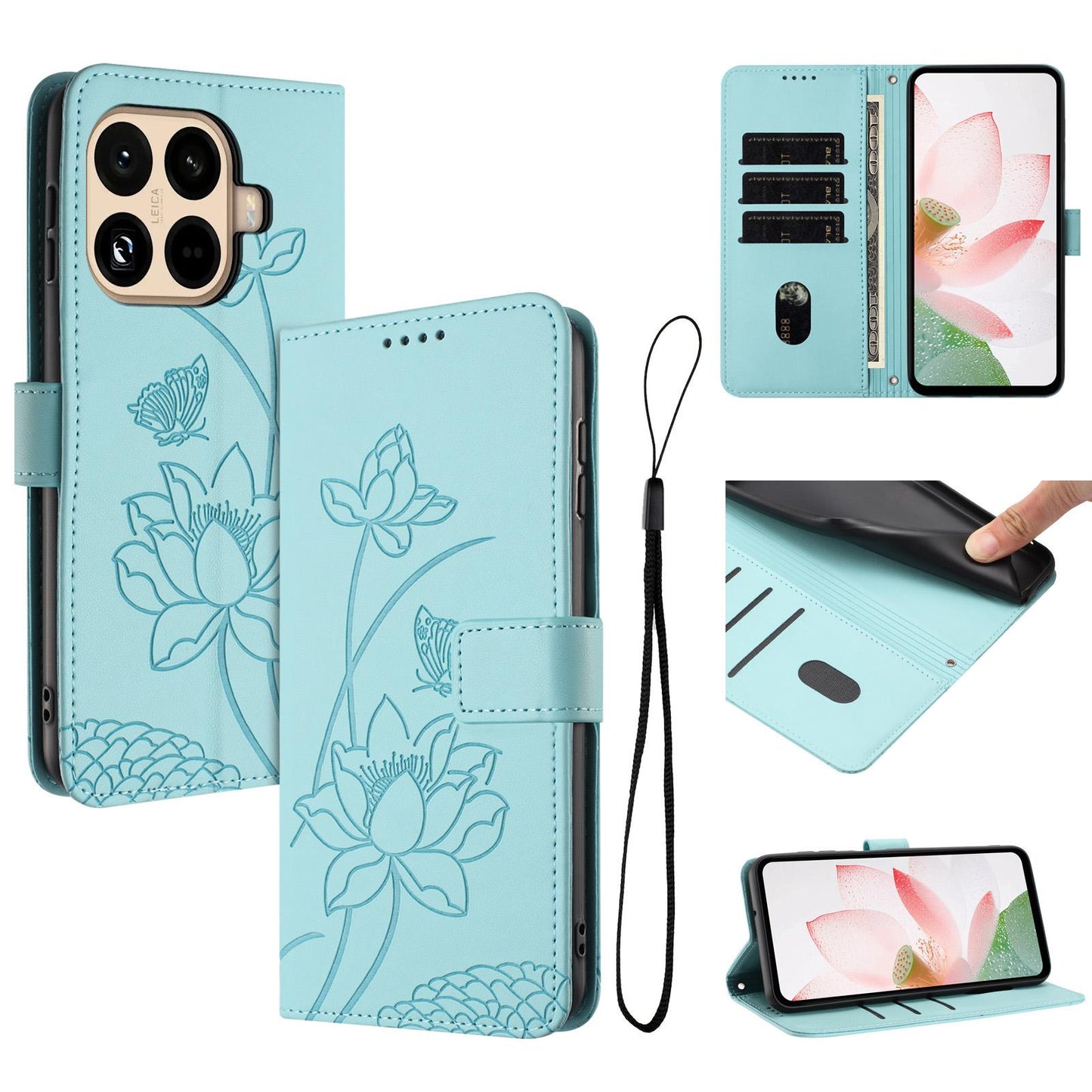Xiaomi 15T Pro Lotus Embossed PU Leather Wallet Phone Case with Card Holder, Cash Pocket, Magnetic Flip Stand Cover, Wrist Lanyard Strap, Shockproof TPU Protective Folio Case - Purple