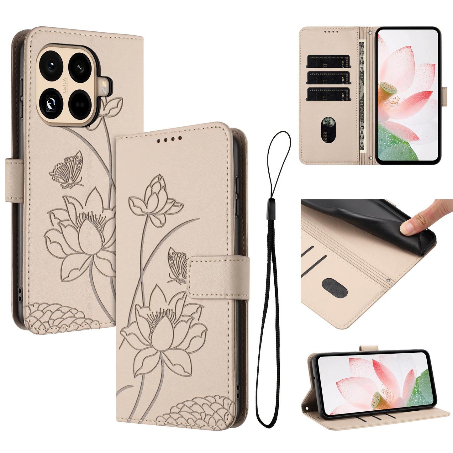 Xiaomi 15T Pro Lotus Embossed PU Leather Wallet Phone Case with Card Holder, Cash Pocket, Magnetic Flip Stand Cover, Wrist Lanyard Strap, Shockproof TPU Protective Folio Case - Purple