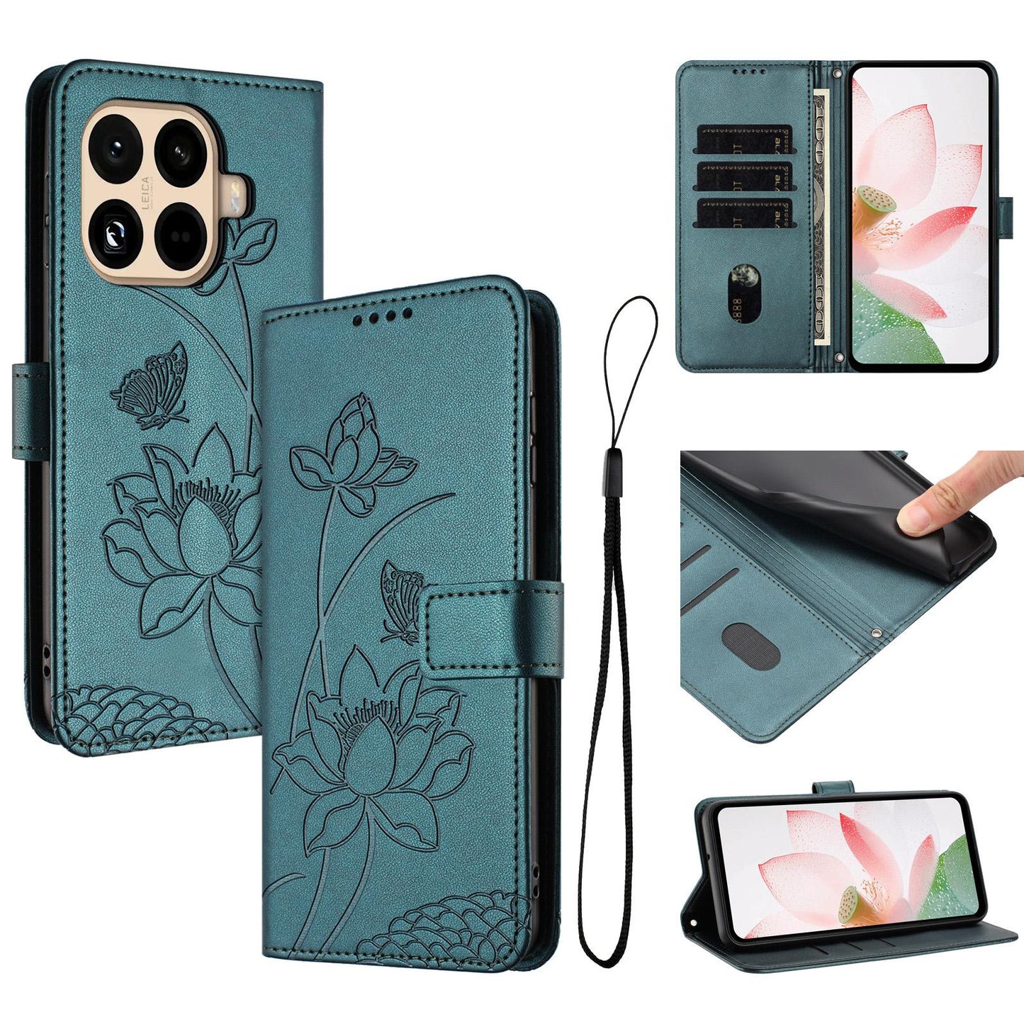 Xiaomi 15T Pro Lotus Embossed PU Leather Wallet Phone Case with Card Holder, Cash Pocket, Magnetic Flip Stand Cover, Wrist Lanyard Strap, Shockproof TPU Protective Folio Case - Purple