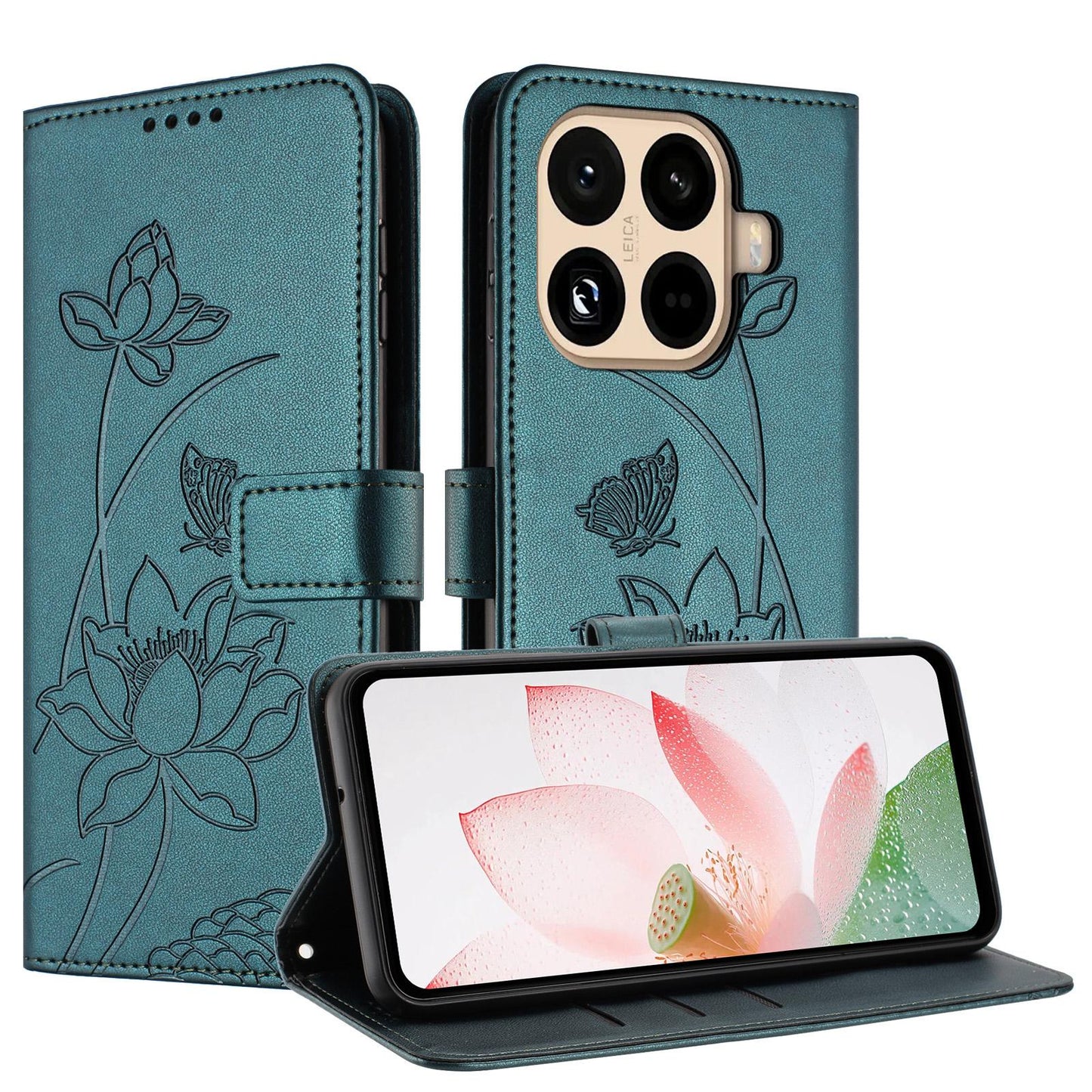 Xiaomi 15T Pro Lotus Embossed PU Leather Wallet Phone Case with Card Holder, Cash Pocket, Magnetic Flip Stand Cover, Wrist Lanyard Strap, Shockproof TPU Protective Folio Case - Purple