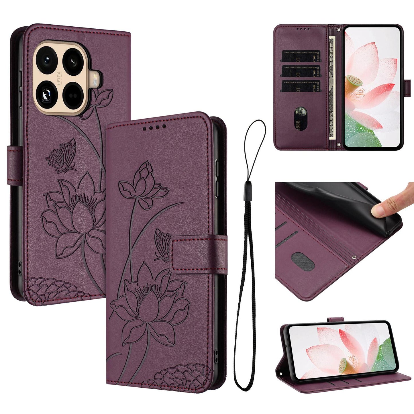 Xiaomi 15T Pro Lotus Embossed PU Leather Wallet Phone Case with Card Holder, Cash Pocket, Magnetic Flip Stand Cover, Wrist Lanyard Strap, Shockproof TPU Protective Folio Case - Purple