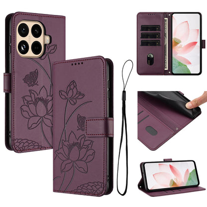 Xiaomi 15T Pro Lotus Embossed PU Leather Wallet Phone Case with Card Holder, Cash Pocket, Magnetic Flip Stand Cover, Wrist Lanyard Strap, Shockproof TPU Protective Folio Case - Purple