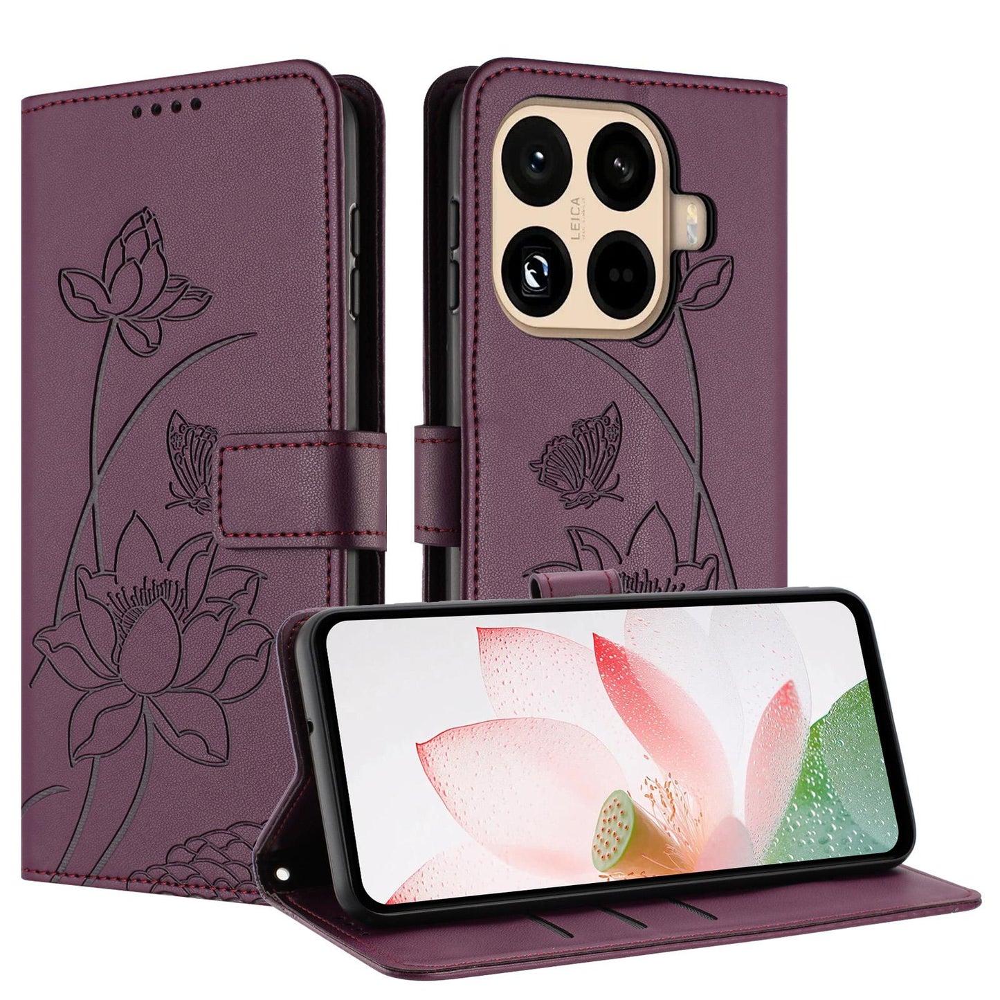 Xiaomi 15T Pro Lotus Embossed PU Leather Wallet Phone Case with Card Holder, Cash Pocket, Magnetic Flip Stand Cover, Wrist Lanyard Strap, Shockproof TPU Protective Folio Case - Purple