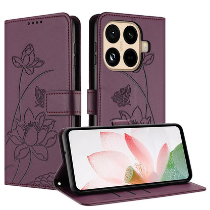 Xiaomi 15T Pro Lotus Embossed PU Leather Wallet Phone Case with Card Holder, Cash Pocket, Magnetic Flip Stand Cover, Wrist Lanyard Strap, Shockproof TPU Protective Folio Case - Purple