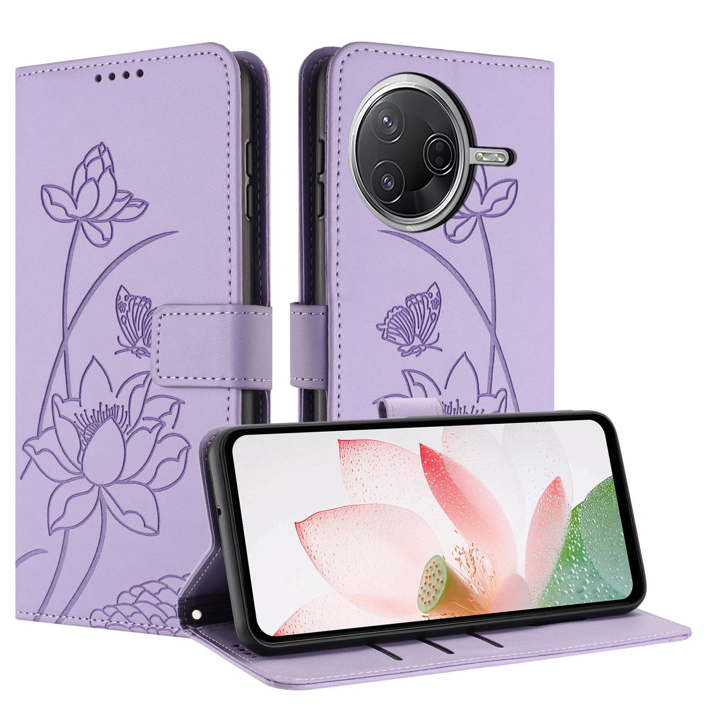 Xiaomi Poco F7 Pro Lotus Embossed PU Leather Wallet Phone Case with Card Holder, Cash Pocket, Magnetic Flip Stand Cover, Wrist Lanyard Strap, Shockproof TPU Protective Folio Case - Purple
