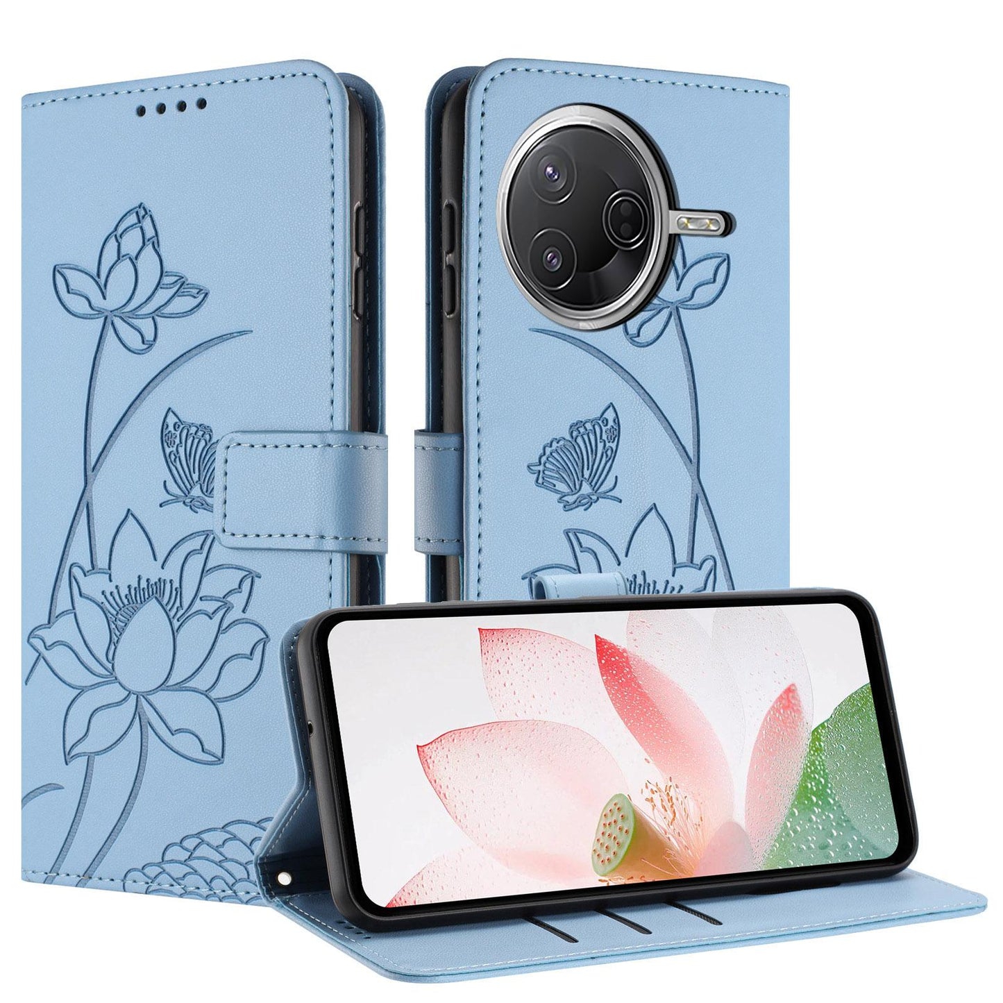 Xiaomi Poco F7 Pro Lotus Embossed PU Leather Wallet Phone Case with Card Holder, Cash Pocket, Magnetic Flip Stand Cover, Wrist Lanyard Strap, Shockproof TPU Protective Folio Case - Purple