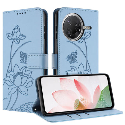 Xiaomi Poco F7 Pro Lotus Embossed PU Leather Wallet Phone Case with Card Holder, Cash Pocket, Magnetic Flip Stand Cover, Wrist Lanyard Strap, Shockproof TPU Protective Folio Case - Purple
