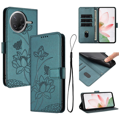 Xiaomi Poco F7 Pro Lotus Embossed PU Leather Wallet Phone Case with Card Holder, Cash Pocket, Magnetic Flip Stand Cover, Wrist Lanyard Strap, Shockproof TPU Protective Folio Case - Purple