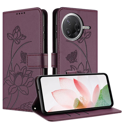 Xiaomi Poco F7 Pro Lotus Embossed PU Leather Wallet Phone Case with Card Holder, Cash Pocket, Magnetic Flip Stand Cover, Wrist Lanyard Strap, Shockproof TPU Protective Folio Case - Purple