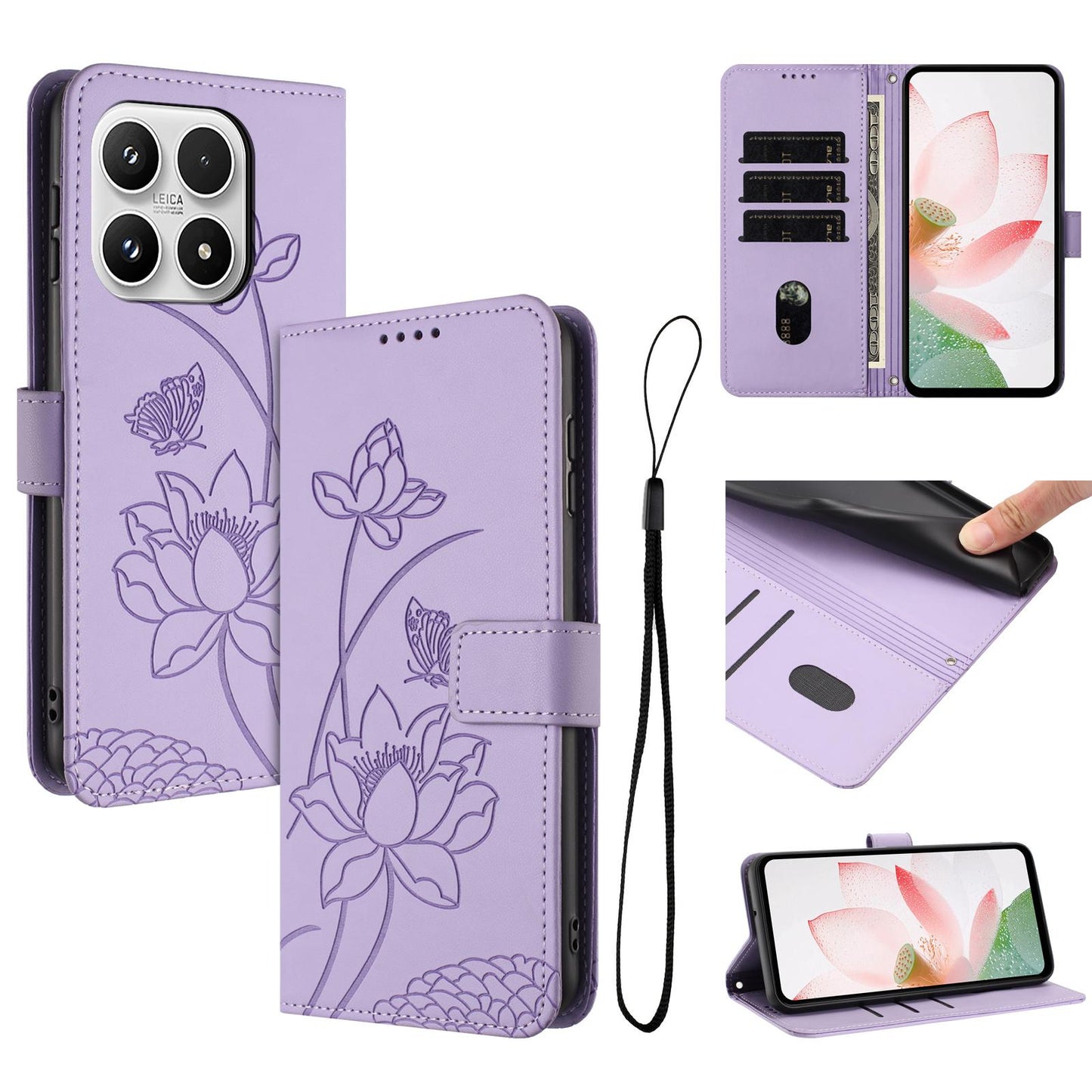 Xiaomi 17 Lotus Embossed PU Leather Wallet Phone Case with Card Holder, Cash Pocket, Magnetic Flip Stand Cover, Wrist Lanyard Strap, Shockproof TPU Protective Folio Case - Purple