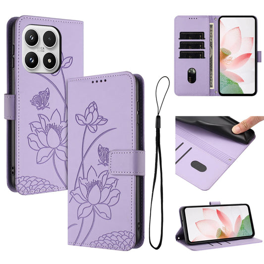 Xiaomi 17 Lotus Embossed PU Leather Wallet Phone Case with Card Holder, Cash Pocket, Magnetic Flip Stand Cover, Wrist Lanyard Strap, Shockproof TPU Protective Folio Case - Purple