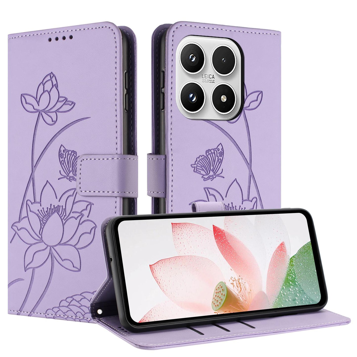 Xiaomi 17 Lotus Embossed PU Leather Wallet Phone Case with Card Holder, Cash Pocket, Magnetic Flip Stand Cover, Wrist Lanyard Strap, Shockproof TPU Protective Folio Case - Purple