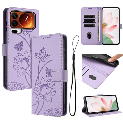 Xiaomi 17 Pro Lotus Embossed PU Leather Wallet Phone Case with Card Holder, Cash Pocket, Magnetic Flip Stand Cover, Wrist Lanyard Strap, Shockproof TPU Protective Folio Case - Purple