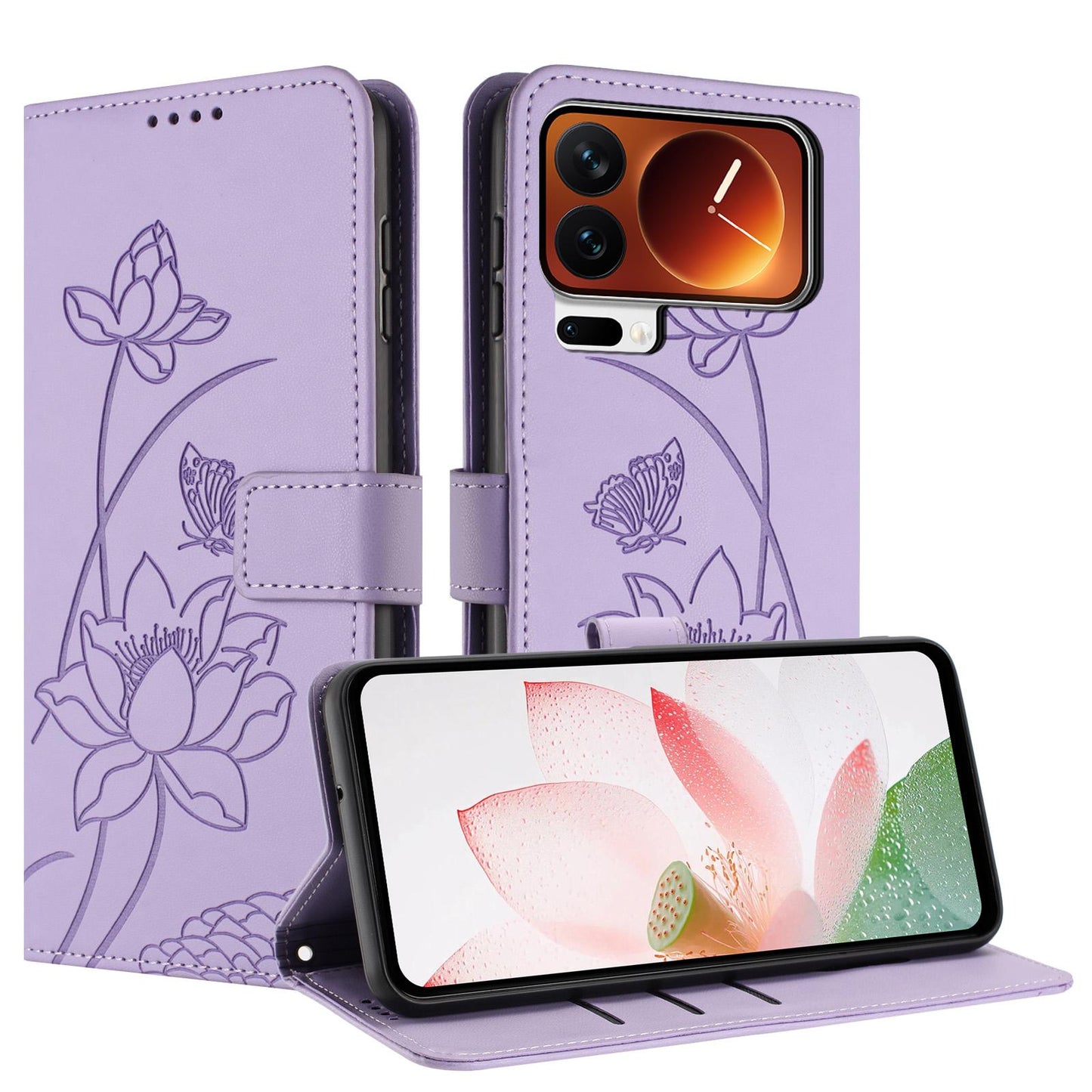 Xiaomi 17 Pro Lotus Embossed PU Leather Wallet Phone Case with Card Holder, Cash Pocket, Magnetic Flip Stand Cover, Wrist Lanyard Strap, Shockproof TPU Protective Folio Case - Purple