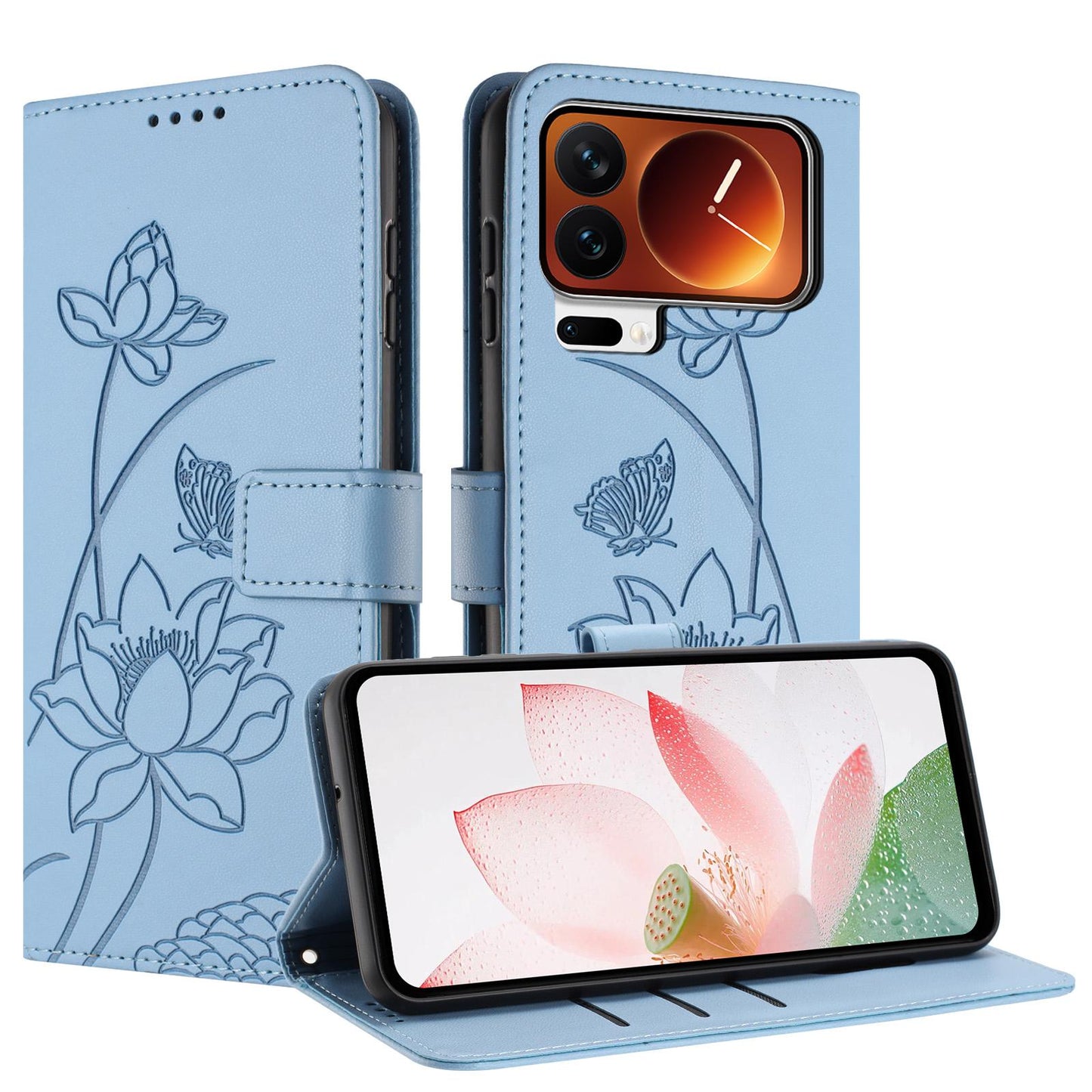 Xiaomi 17 Pro Lotus Embossed PU Leather Wallet Phone Case with Card Holder, Cash Pocket, Magnetic Flip Stand Cover, Wrist Lanyard Strap, Shockproof TPU Protective Folio Case - Purple