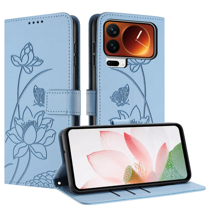 Xiaomi 17 Pro Lotus Embossed PU Leather Wallet Phone Case with Card Holder, Cash Pocket, Magnetic Flip Stand Cover, Wrist Lanyard Strap, Shockproof TPU Protective Folio Case - Purple