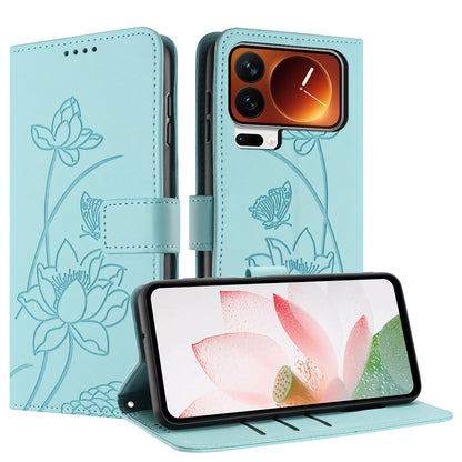 Xiaomi 17 Pro Lotus Embossed PU Leather Wallet Phone Case with Card Holder, Cash Pocket, Magnetic Flip Stand Cover, Wrist Lanyard Strap, Shockproof TPU Protective Folio Case - Purple