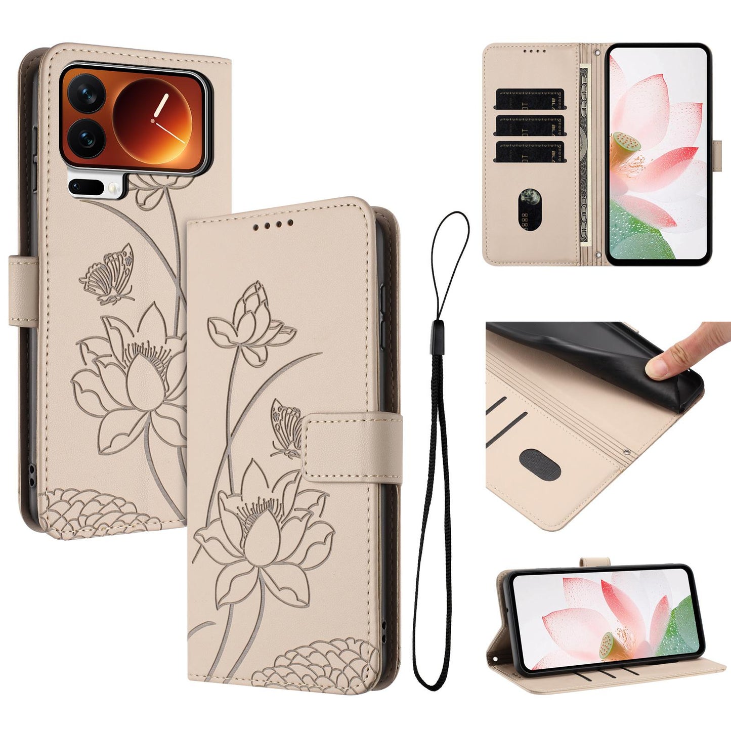 Xiaomi 17 Pro Lotus Embossed PU Leather Wallet Phone Case with Card Holder, Cash Pocket, Magnetic Flip Stand Cover, Wrist Lanyard Strap, Shockproof TPU Protective Folio Case - Purple