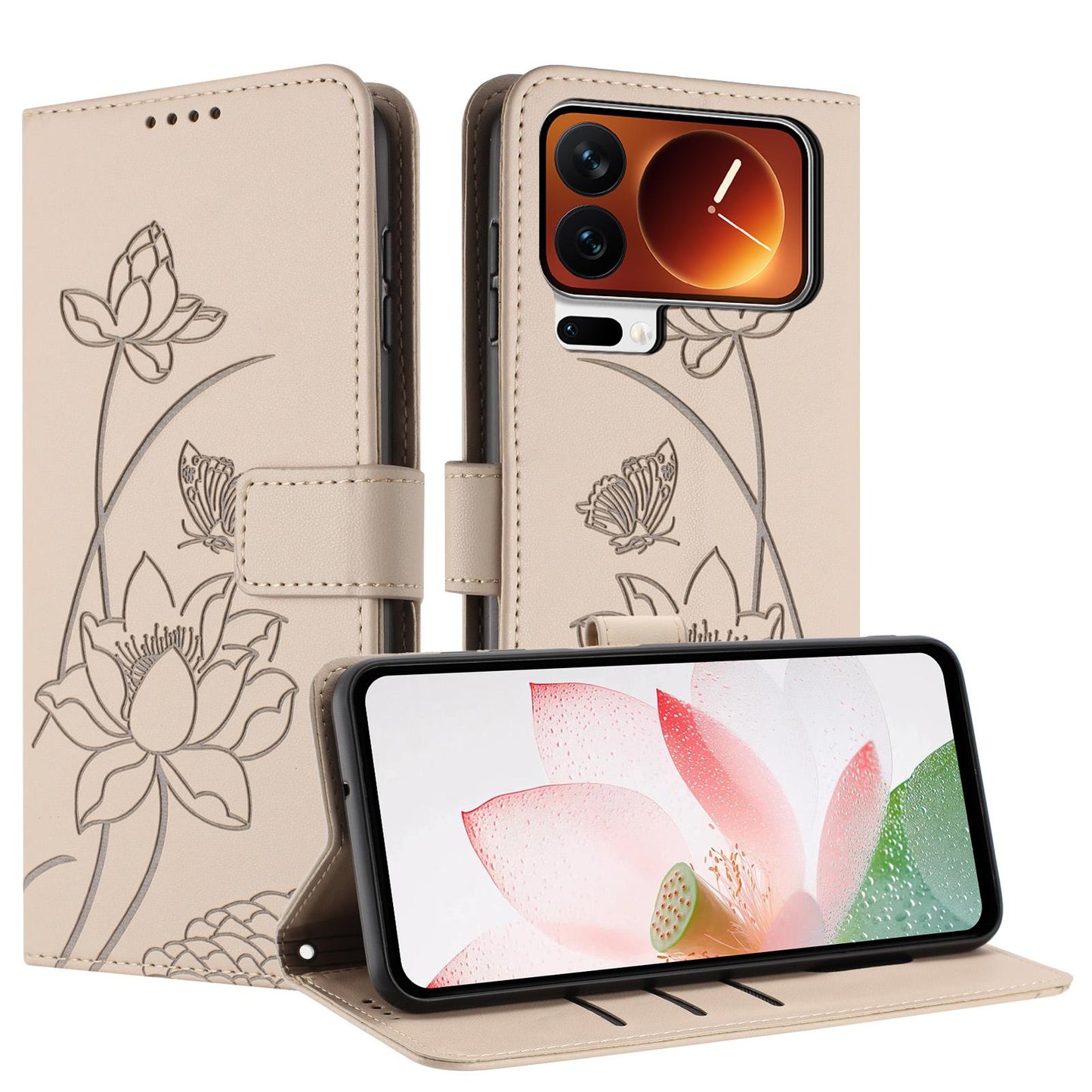 Xiaomi 17 Pro Lotus Embossed PU Leather Wallet Phone Case with Card Holder, Cash Pocket, Magnetic Flip Stand Cover, Wrist Lanyard Strap, Shockproof TPU Protective Folio Case - Purple