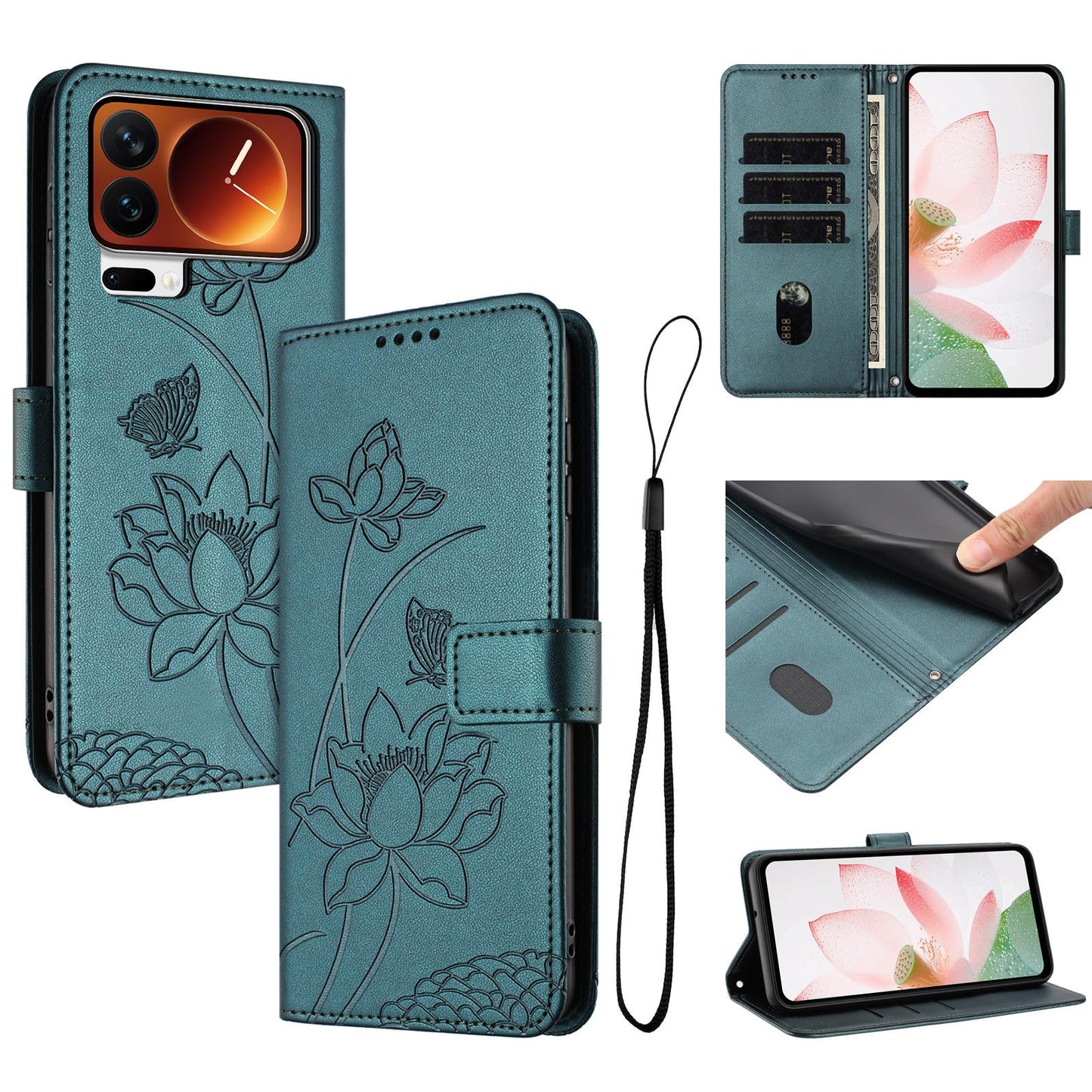 Xiaomi 17 Pro Lotus Embossed PU Leather Wallet Phone Case with Card Holder, Cash Pocket, Magnetic Flip Stand Cover, Wrist Lanyard Strap, Shockproof TPU Protective Folio Case - Purple