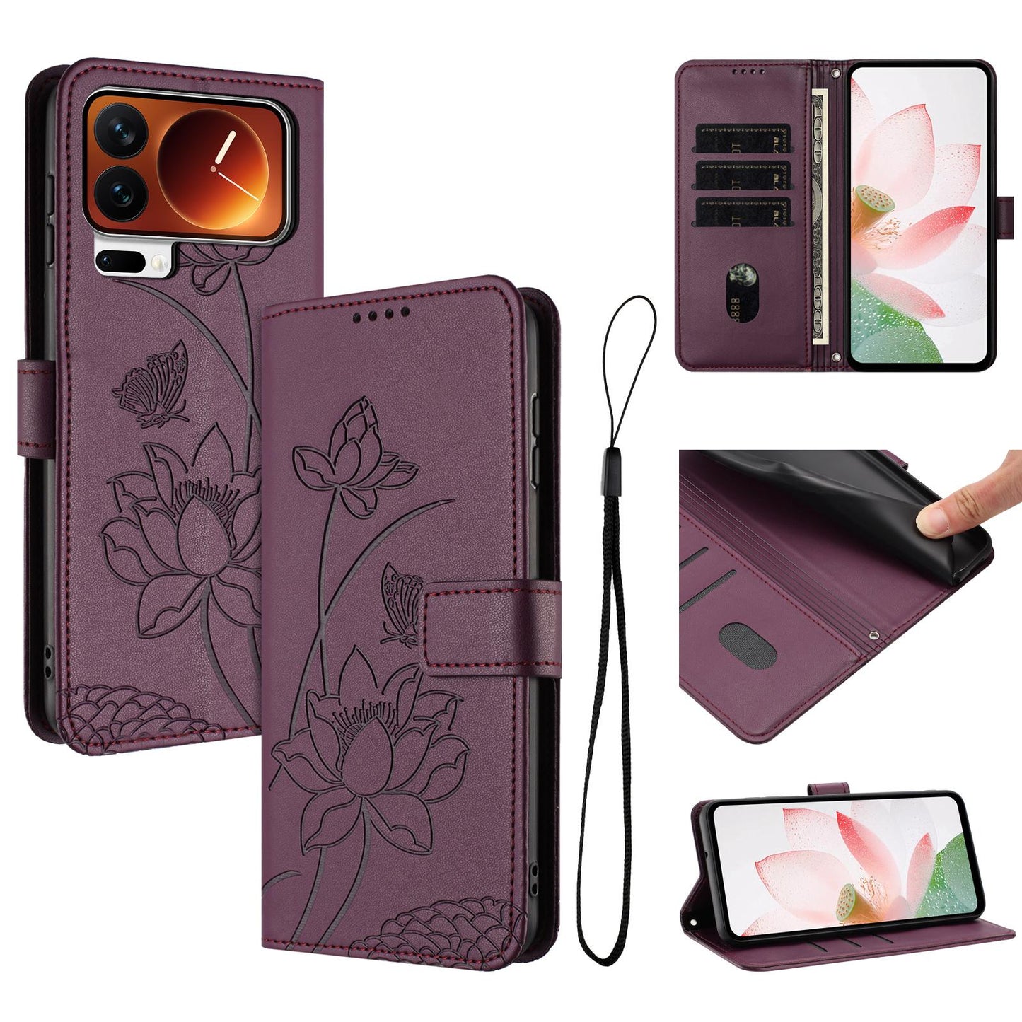 Xiaomi 17 Pro Lotus Embossed PU Leather Wallet Phone Case with Card Holder, Cash Pocket, Magnetic Flip Stand Cover, Wrist Lanyard Strap, Shockproof TPU Protective Folio Case - Purple