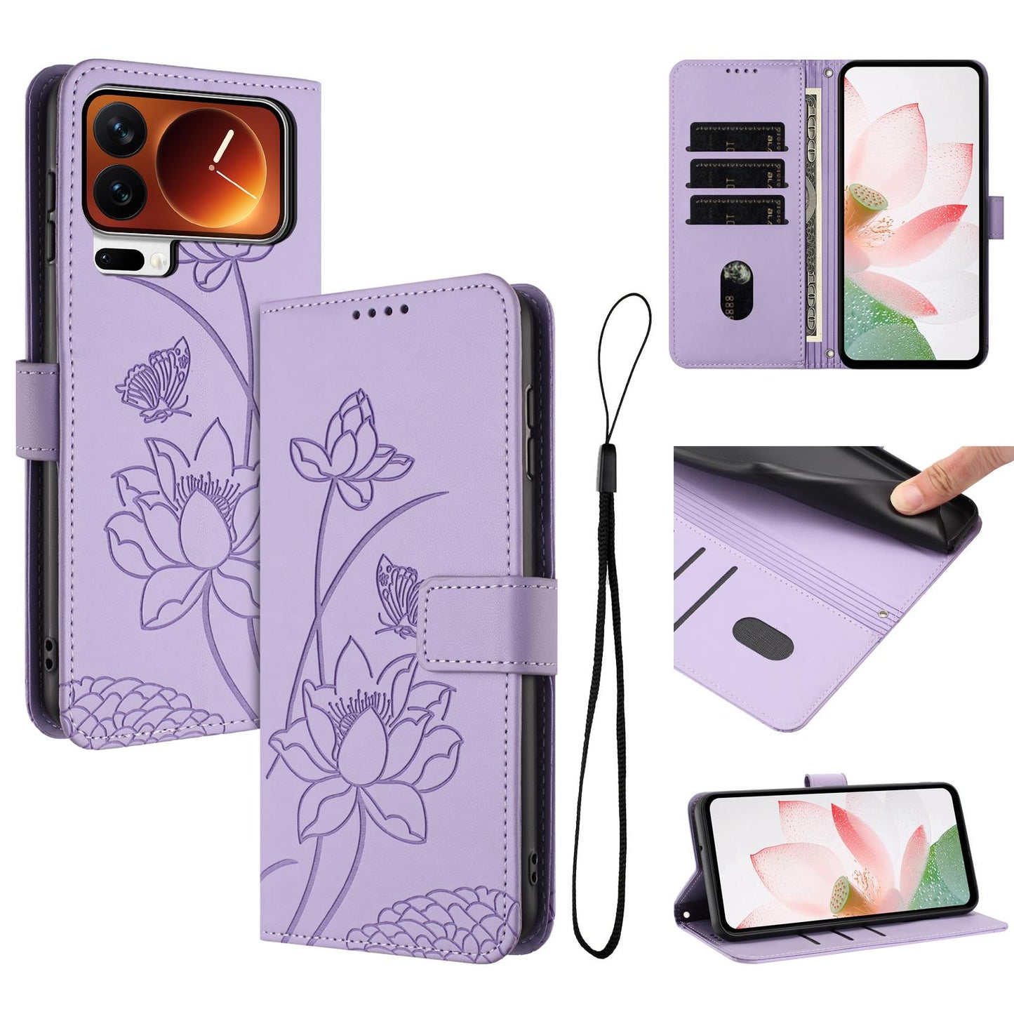 Xiaomi 17 Pro Max Lotus Embossed PU Leather Wallet Phone Case with Card Holder, Cash Pocket, Magnetic Flip Stand Cover, Wrist Lanyard Strap, Shockproof TPU Protective Folio Case - Purple