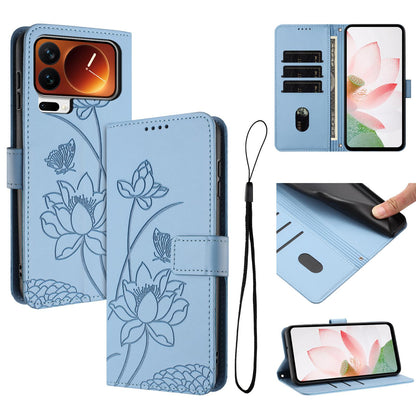 Xiaomi 17 Pro Max Lotus Embossed PU Leather Wallet Phone Case with Card Holder, Cash Pocket, Magnetic Flip Stand Cover, Wrist Lanyard Strap, Shockproof TPU Protective Folio Case - Purple