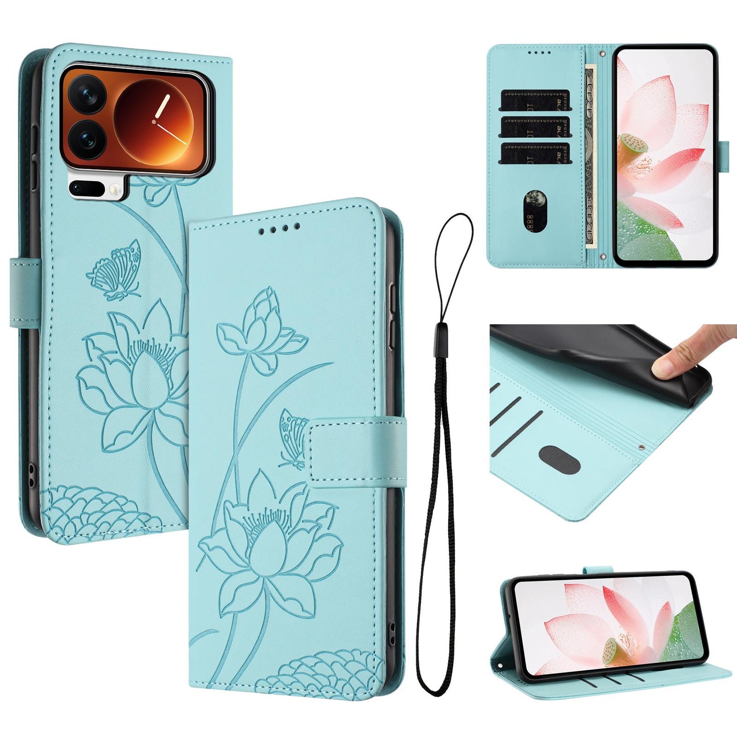 Xiaomi 17 Pro Max Lotus Embossed PU Leather Wallet Phone Case with Card Holder, Cash Pocket, Magnetic Flip Stand Cover, Wrist Lanyard Strap, Shockproof TPU Protective Folio Case - Purple