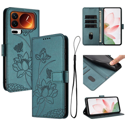Xiaomi 17 Pro Max Lotus Embossed PU Leather Wallet Phone Case with Card Holder, Cash Pocket, Magnetic Flip Stand Cover, Wrist Lanyard Strap, Shockproof TPU Protective Folio Case - Purple