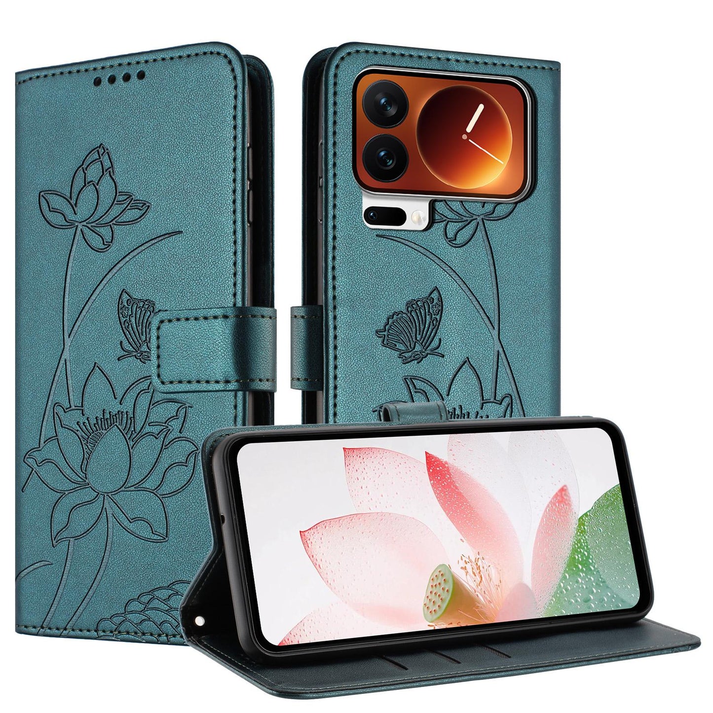 Xiaomi 17 Pro Max Lotus Embossed PU Leather Wallet Phone Case with Card Holder, Cash Pocket, Magnetic Flip Stand Cover, Wrist Lanyard Strap, Shockproof TPU Protective Folio Case - Purple