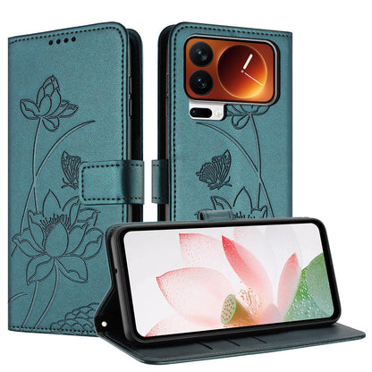 Xiaomi 17 Pro Max Lotus Embossed PU Leather Wallet Phone Case with Card Holder, Cash Pocket, Magnetic Flip Stand Cover, Wrist Lanyard Strap, Shockproof TPU Protective Folio Case - Purple