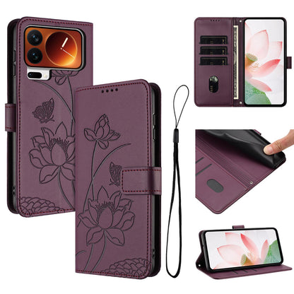 Xiaomi 17 Pro Max Lotus Embossed PU Leather Wallet Phone Case with Card Holder, Cash Pocket, Magnetic Flip Stand Cover, Wrist Lanyard Strap, Shockproof TPU Protective Folio Case - Purple