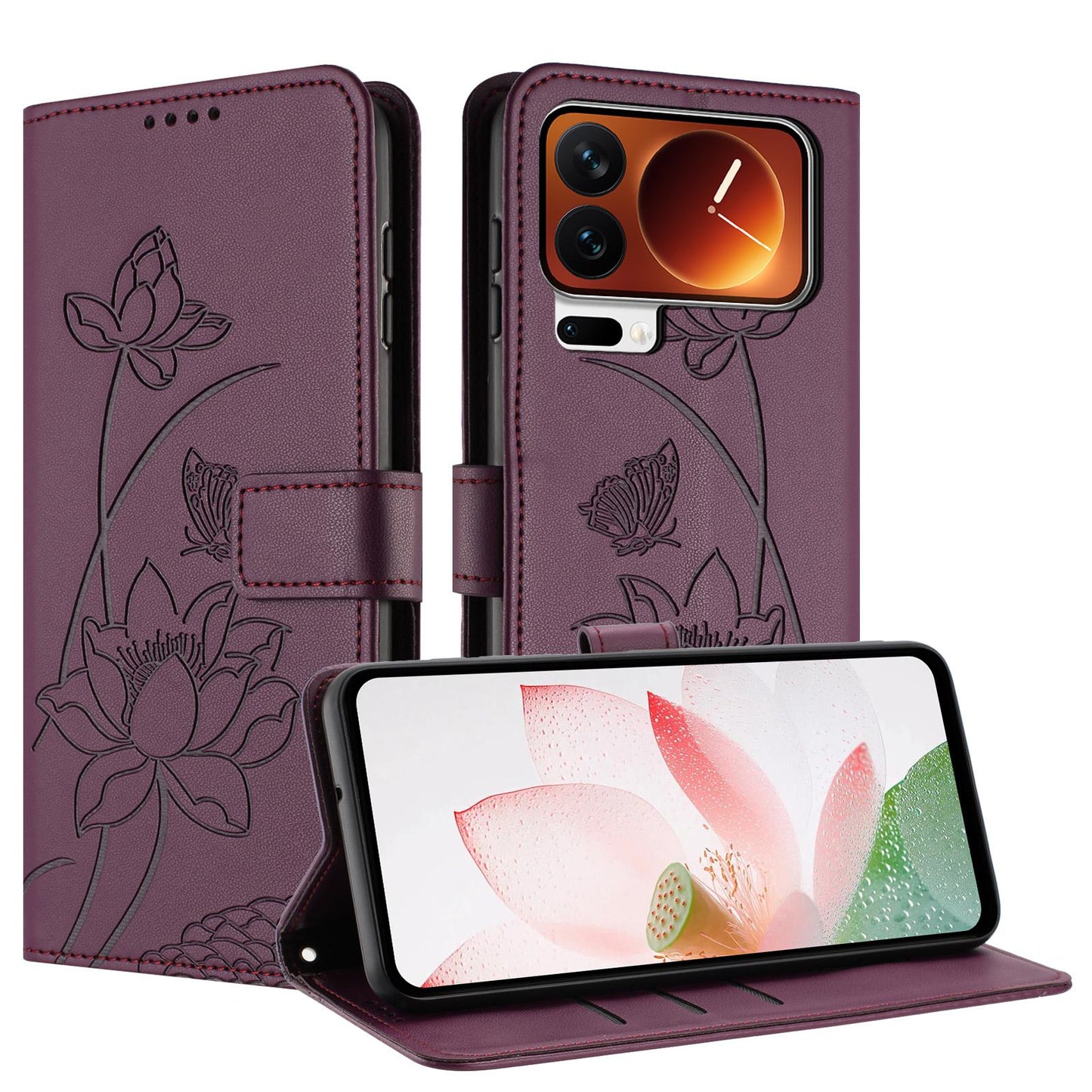 Xiaomi 17 Pro Max Lotus Embossed PU Leather Wallet Phone Case with Card Holder, Cash Pocket, Magnetic Flip Stand Cover, Wrist Lanyard Strap, Shockproof TPU Protective Folio Case - Purple