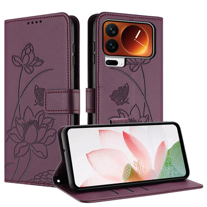 Xiaomi 17 Pro Max Lotus Embossed PU Leather Wallet Phone Case with Card Holder, Cash Pocket, Magnetic Flip Stand Cover, Wrist Lanyard Strap, Shockproof TPU Protective Folio Case - Purple