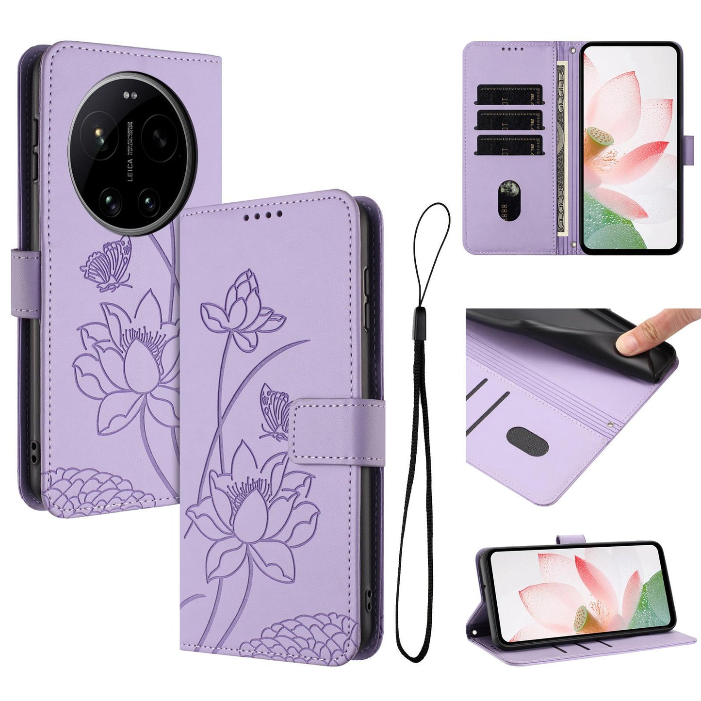 Xiaomi 17 Ultra Lotus Embossed PU Leather Wallet Phone Case with Card Holder, Cash Pocket, Magnetic Flip Stand Cover, Wrist Lanyard Strap, Shockproof TPU Protective Folio Case - Purple